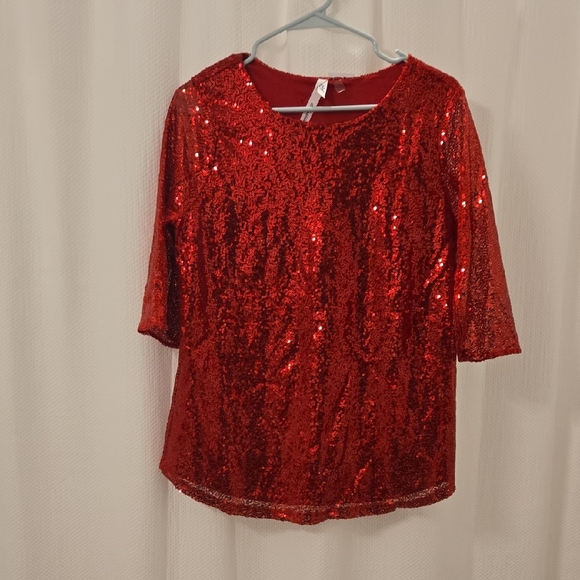 NY Collection Tops - NY Collection Sparkling Red Sequin Blouse